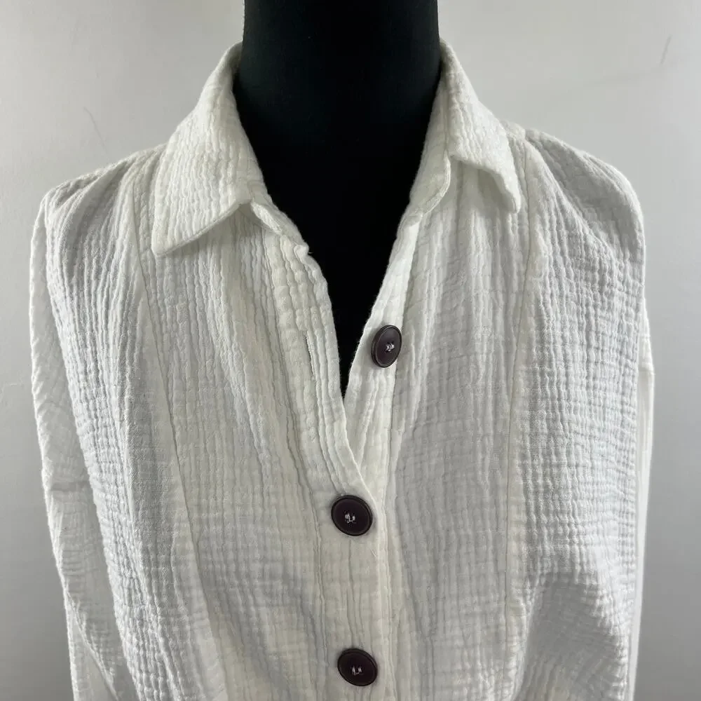 FREE PEOPLE White Cotton Sunstreaks Tie Front Long Sleeve Button-Down Top M?